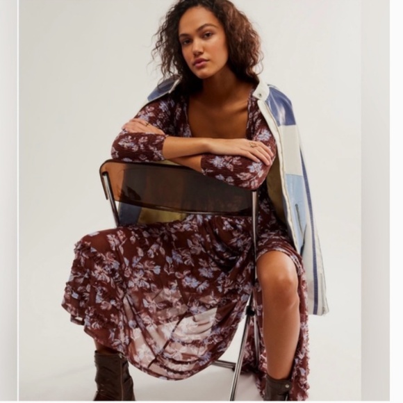 Free People Starlit Nights MIDI Dress Smocked Sheer Slip Floral Medium Med M FP - Picture 2 of 8